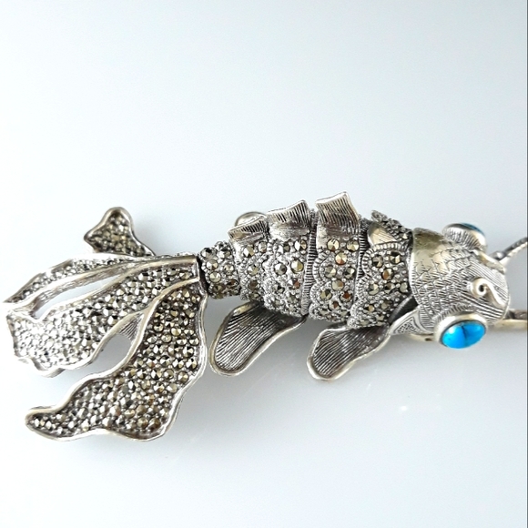 Gold Fish Marcasite and Turquoise Necklace - Picture 1 of 11